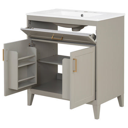 [Video] 30" Bathroom Vanity with Ceramic Sink Top, Solid Wood Legs, Soft-Close Double Doors & Tip-Out Drawer, Adjustable Interior Shelf, Door-mounted Organizers, Beige