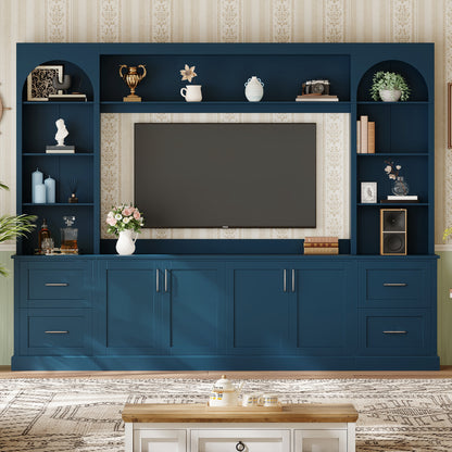 Modern Arched Entertainment Center Wall Unit with Drawers, Farmhouse TV Stand with Cable Holes for TVs Up to 65", Multifunctional All-in-One TV Console with Adjustable Shelves for Living Room, Blue