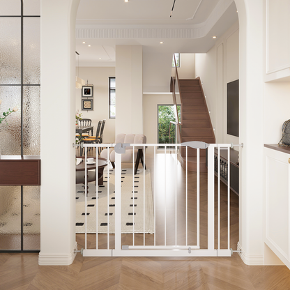 29.5-44.1" Wide Baby Gate for Stairs, Dog Gate Indoor for Doorways, No Drilling Pressure Mounted Pet Gates for Kids, Easy Walk Through Safety Gate, White