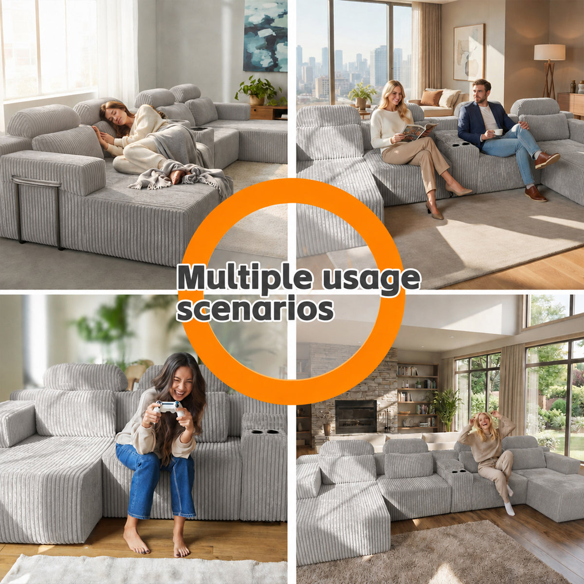 Modern  grey corduroy 6-seater U-shaped sofa with lounge chair and cup holder -145.7 inch oversized modular compression sofa, suitable for home theaters, luxury living spaces, tool free assembly