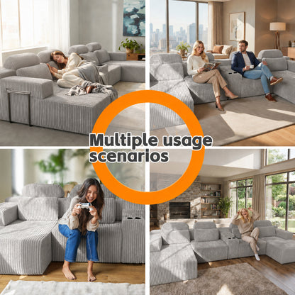 Modern  grey corduroy 6-seater U-shaped sofa with lounge chair and cup holder -145.7 inch oversized modular compression sofa, suitable for home theaters, luxury living spaces, tool free assembly