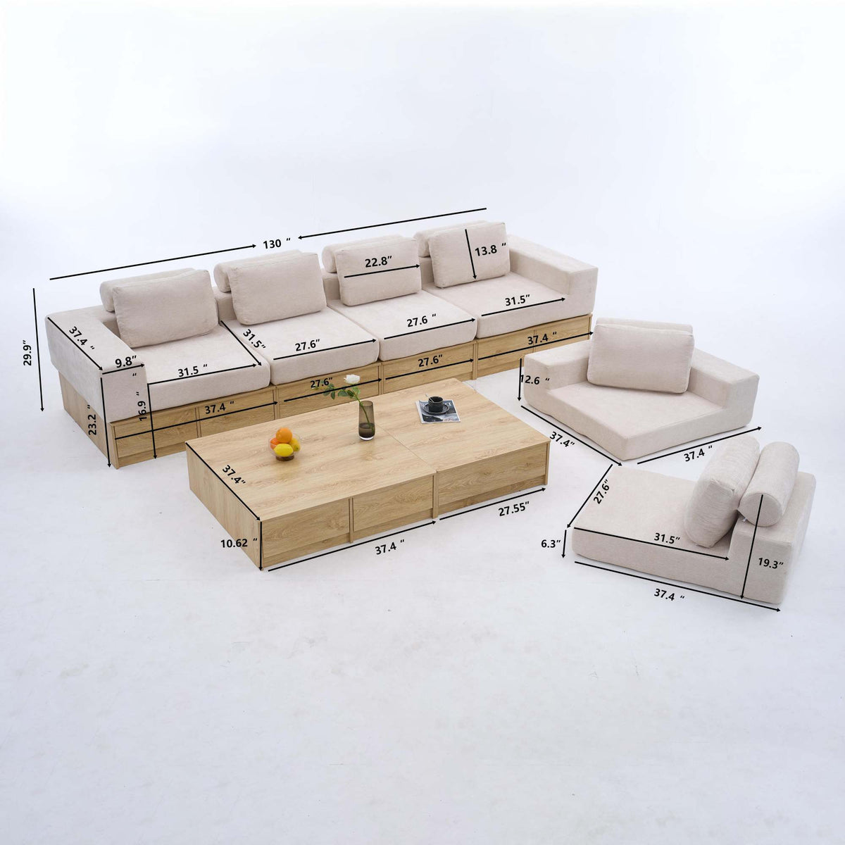 6-seat Modular Sectional Sofa with Storage Drawers, Multi-Functional L-Shaped Couch with Built-In Cabinet Base and Center Table Design, Convertible Combination Sofa Set, Modern Upholstered Sofa