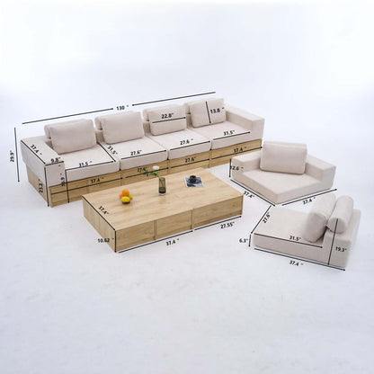 6-seat Modular Sectional Sofa with Storage Drawers, Multi-Functional L-Shaped Couch with Built-In Cabinet Base and Center Table Design, Convertible Combination Sofa Set, Modern Upholstered Sofa