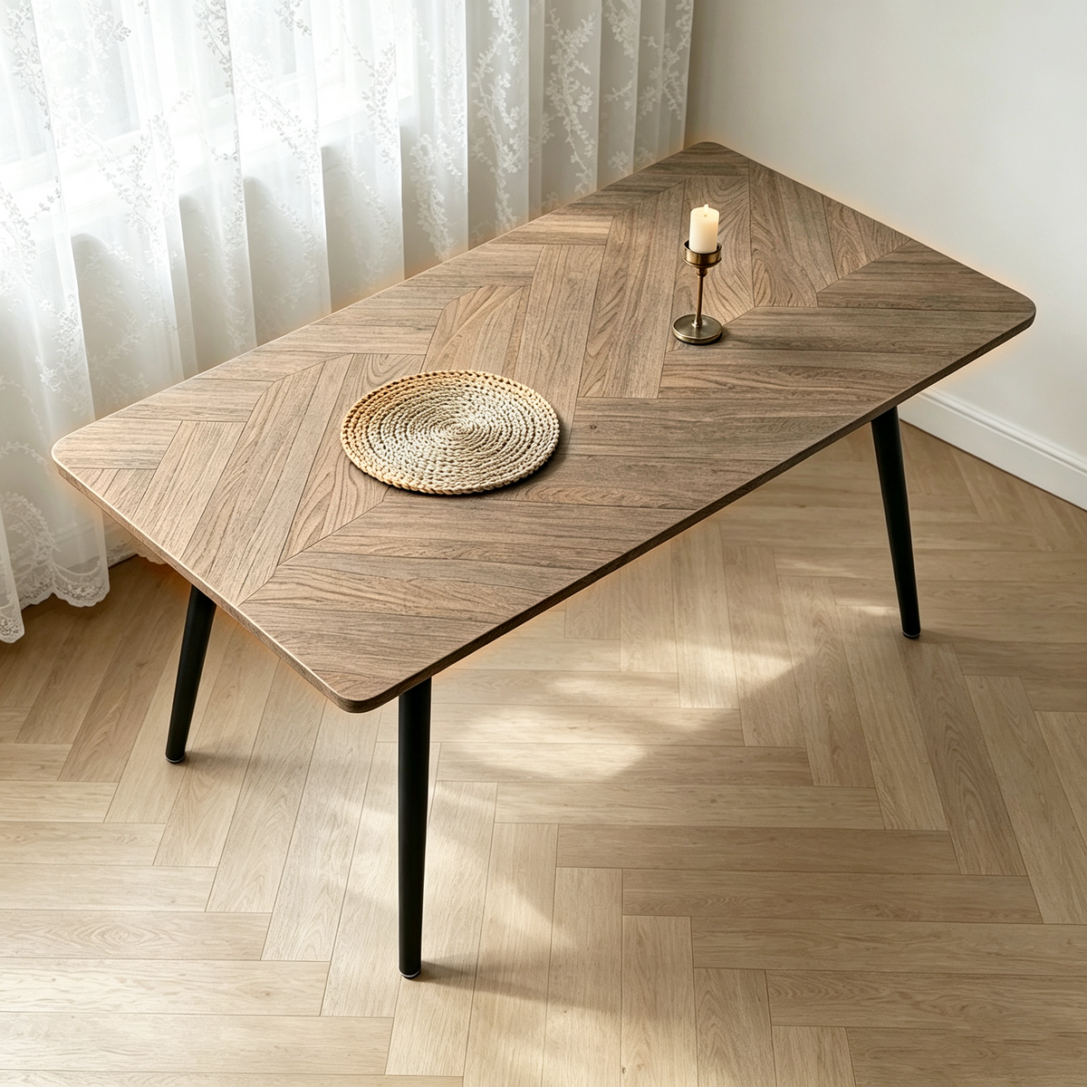 Modern minimalist MDF wood color desktop, black metal legs, small sized dining table, computer desk, office desk, kitchen table