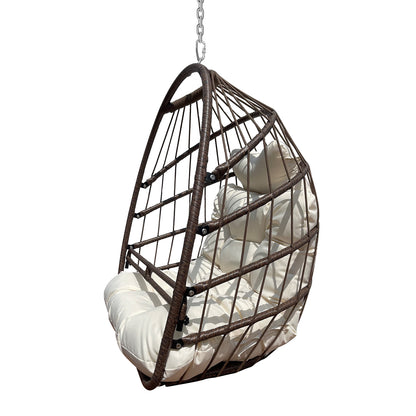 W2707P184371 Khaki Hanging Swing Egg Chair, Indoor Outdoor Anti-Aging Resin Wicker Hammock Chair with Removable Guardrail, Cup Holder, UV Resistant Thick Cushion, Foldable Lounge Chair, 350lbs Capacit