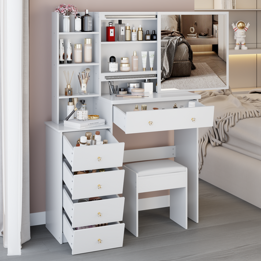37' Left Bedside Cabinet Dressing Table + Cushioned Stool, Extra Large Right Sliding Mirror, Multi Layer High Capacity Storage, Practical Fashionable Makeup Vanity Table Set, EPA, GCC, UL Certificate