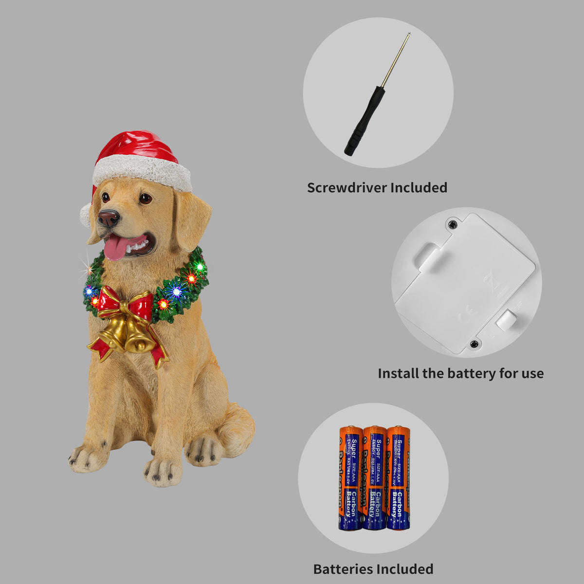 Lighted Christmas Labrador Retriever Dog Statue, Santa Hat Puppy Figurine with LED Wreath and Bells