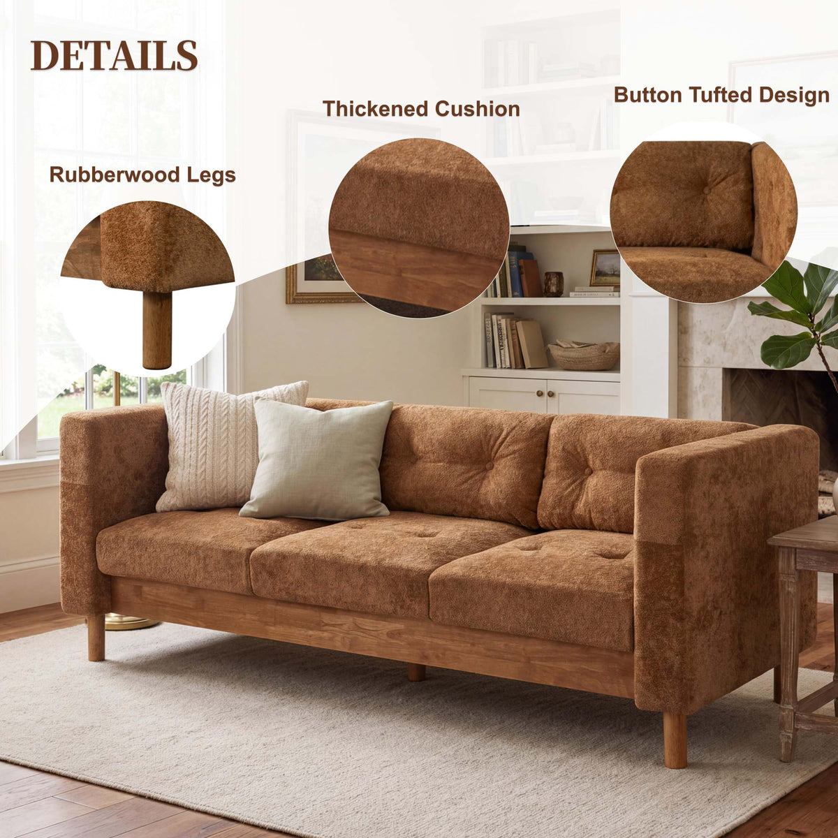 78" Modern 3 Seater Sofa Chenille Upholstered Couch with Square Arms, Tufted Pillow Back & Natural Rubber Wood Legs Multi Cushion Sofa for Living Room and Apartment Leisure Corner, Orange
