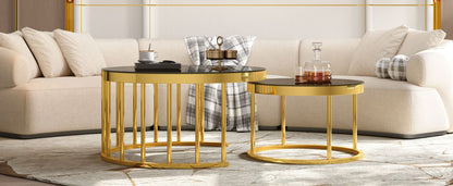 Round Nesting Coffee Table Set of 2, Modern Gold Metal Frame Circular Cocktail Table, Tempered Glass Top Accent Nesting Tables for Living Room, Apartment