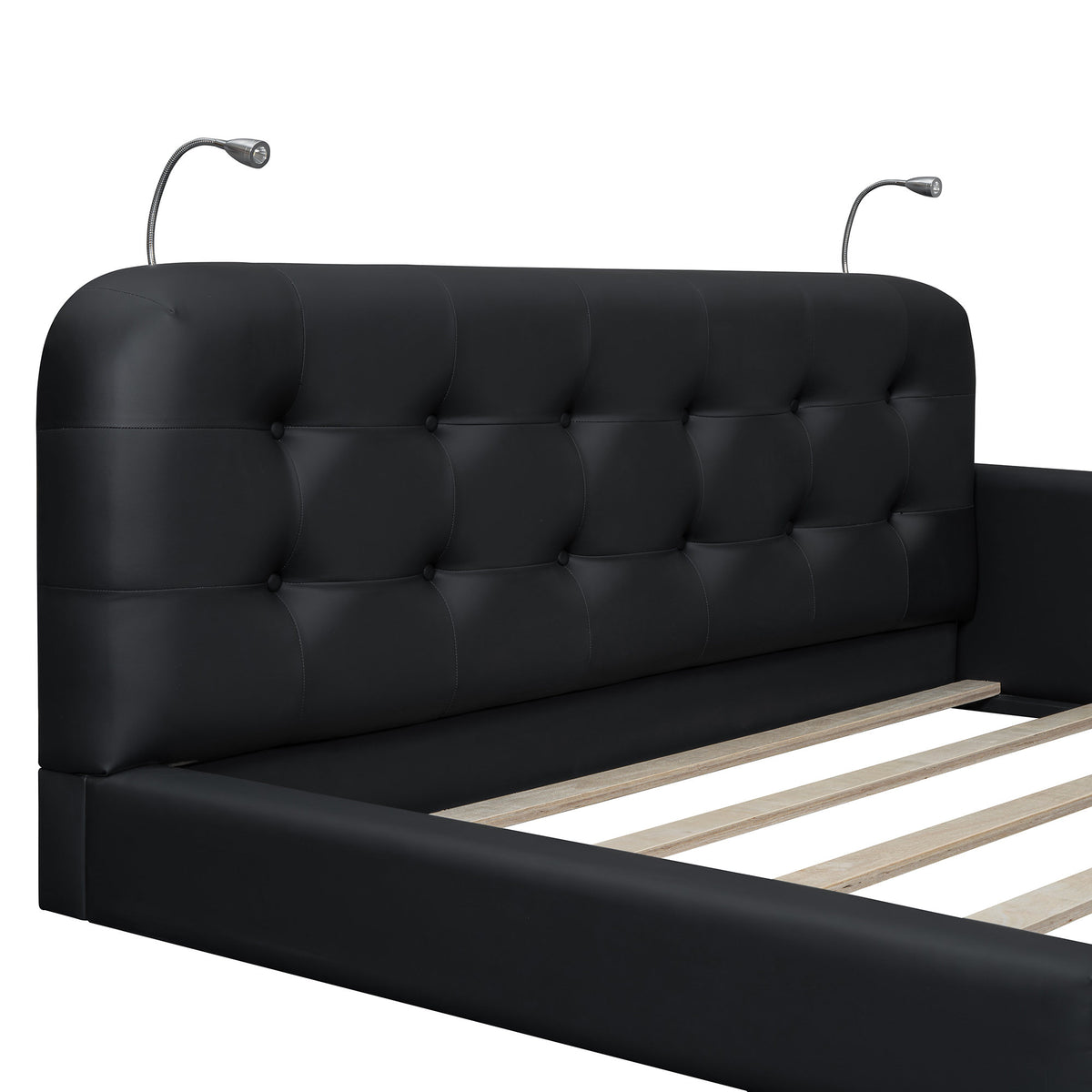 Queen Size Upholstered Platform Bed with 2 Reading Lights, Black