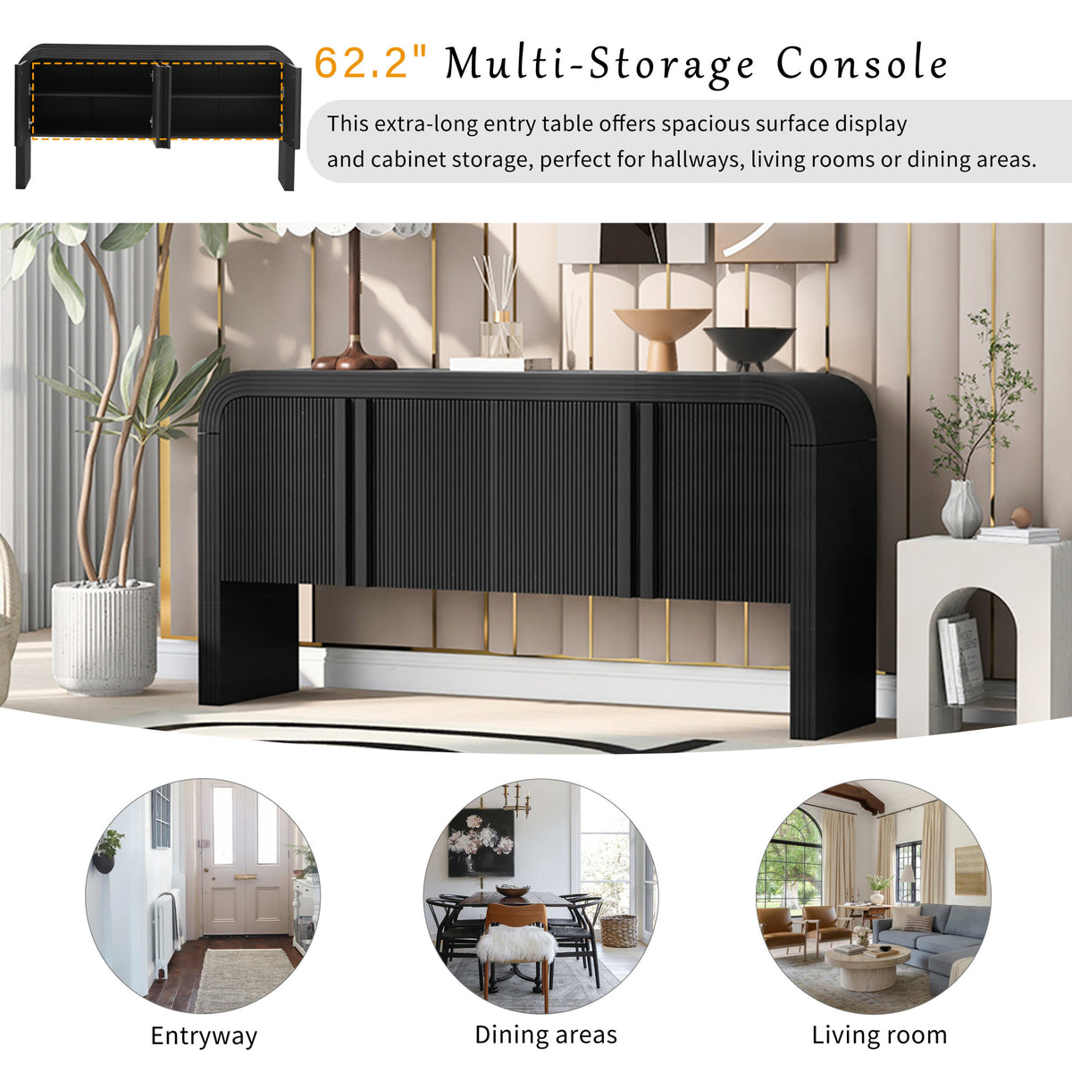 U_STYLE 62.2-Inch Wave-Pattern Console Table with 4 Doors and Adjustable Shelf, Curved design Sofa Table Behind Couch
