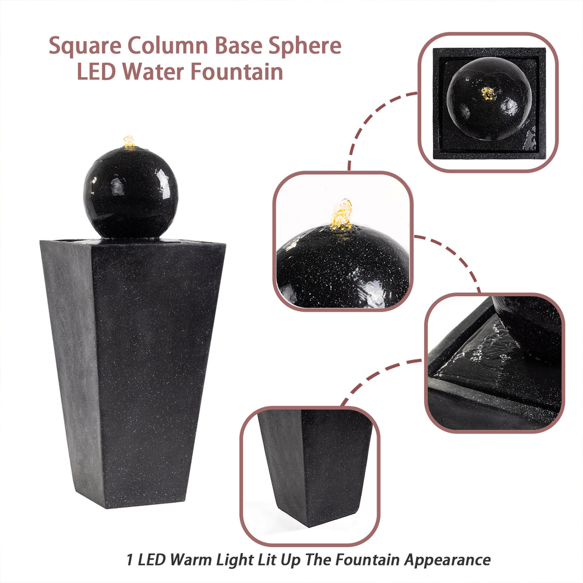 Floor‑Standing Water Fountain, Black Speckled Trapezoid Base Fountain with Smooth Sphere, Warm LED Light for Garden, Patio, Backyard Decor 14''×14''×34''