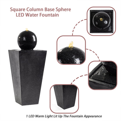Floor‑Standing Water Fountain, Black Speckled Trapezoid Base Fountain with Smooth Sphere, Warm LED Light for Garden, Patio, Backyard Decor 14''×14''×34''
