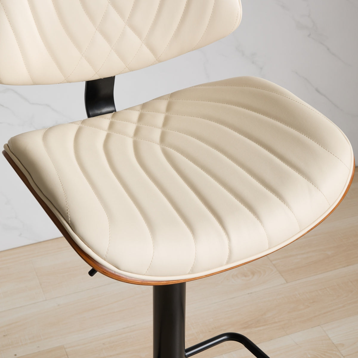 Walnut Bentwood Bar Stools Mid Century Modern Adjustable Counter Height Black Leather Upholstered 360°Swivel Bar Chairs for Kitchen – Beige