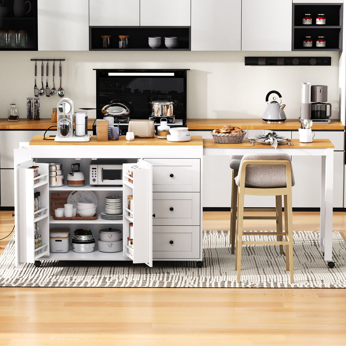 K&K 74.8" Kitchen Island with Extendable Dining Table, Kitchen Storage Cart with 3 Drawers, Power Outlet