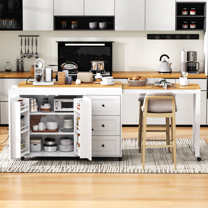 K&K 74.8" Kitchen Island with Extendable Dining Table, Kitchen Storage Cart with 3 Drawers, Power Outlet