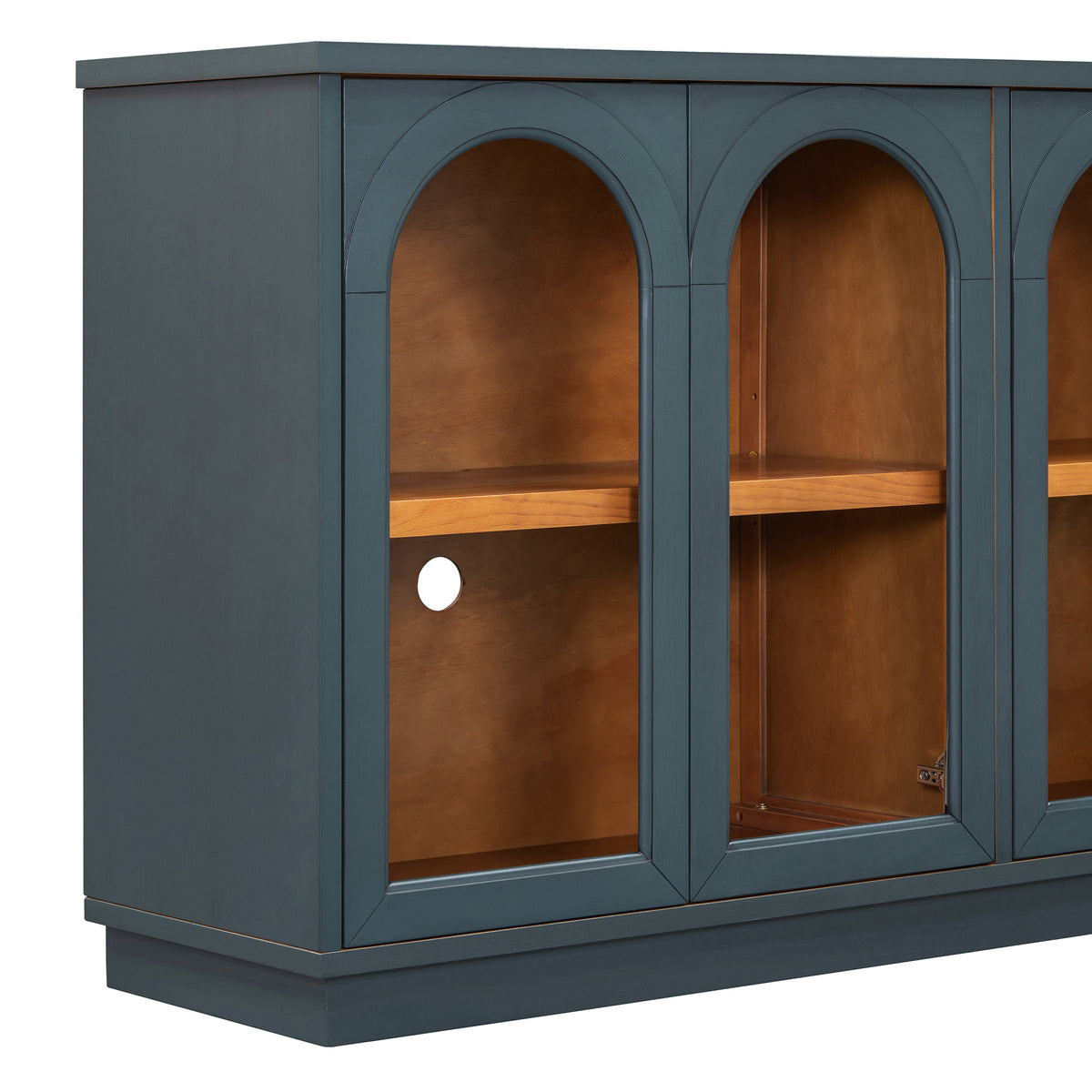 TREXM 4-Door Large Storage Buffet Cabinet with Glass Doors, Arched Cabinet with Adjustable Shelves - Navy