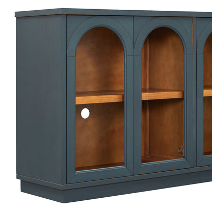 TREXM 4-Door Large Storage Buffet Cabinet with Glass Doors, Arched Cabinet with Adjustable Shelves - Navy