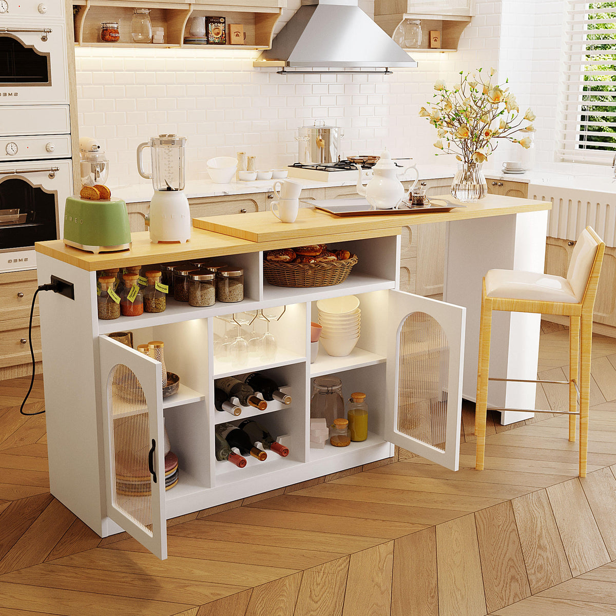 U_STYLE Sideboard with Extendable Tabletop and Wine Rack, Counter Height Bar Table with Color LED Lighting and Left-side Power Outlet, Mobile Farmhouse Wine Cabinet Cart on Wheels (Chairs Not Included