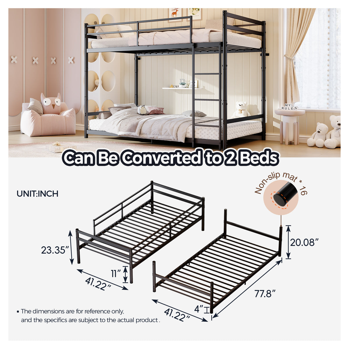 Heavy Duty Metal Twin Over Twin Bunk Bed, Convertible to 2 Separated Twin Beds, Noise-Free Steel Frame with Rubber Anti-Slip Ladder & 11.3" Guardrails, 400/485 LBS Weight Capacity, Black