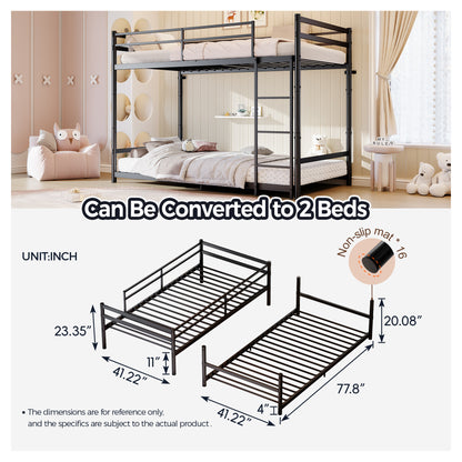 Heavy Duty Metal Twin Over Twin Bunk Bed, Convertible to 2 Separated Twin Beds, Noise-Free Steel Frame with Rubber Anti-Slip Ladder & 11.3" Guardrails, 400/485 LBS Weight Capacity, Black