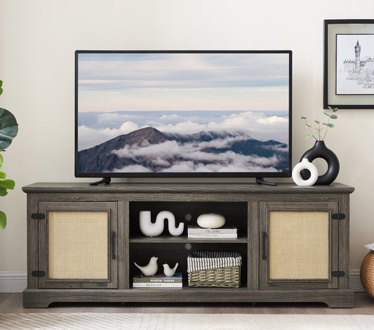 Farmhouse Rattan TV Stand Console Table for TVs up to 70 Inches, TV Console Table with 2 Storage Shelves, 2 Natural Rattan Door Cabinets, 65'W*15.55'D*23.86'H, Gray