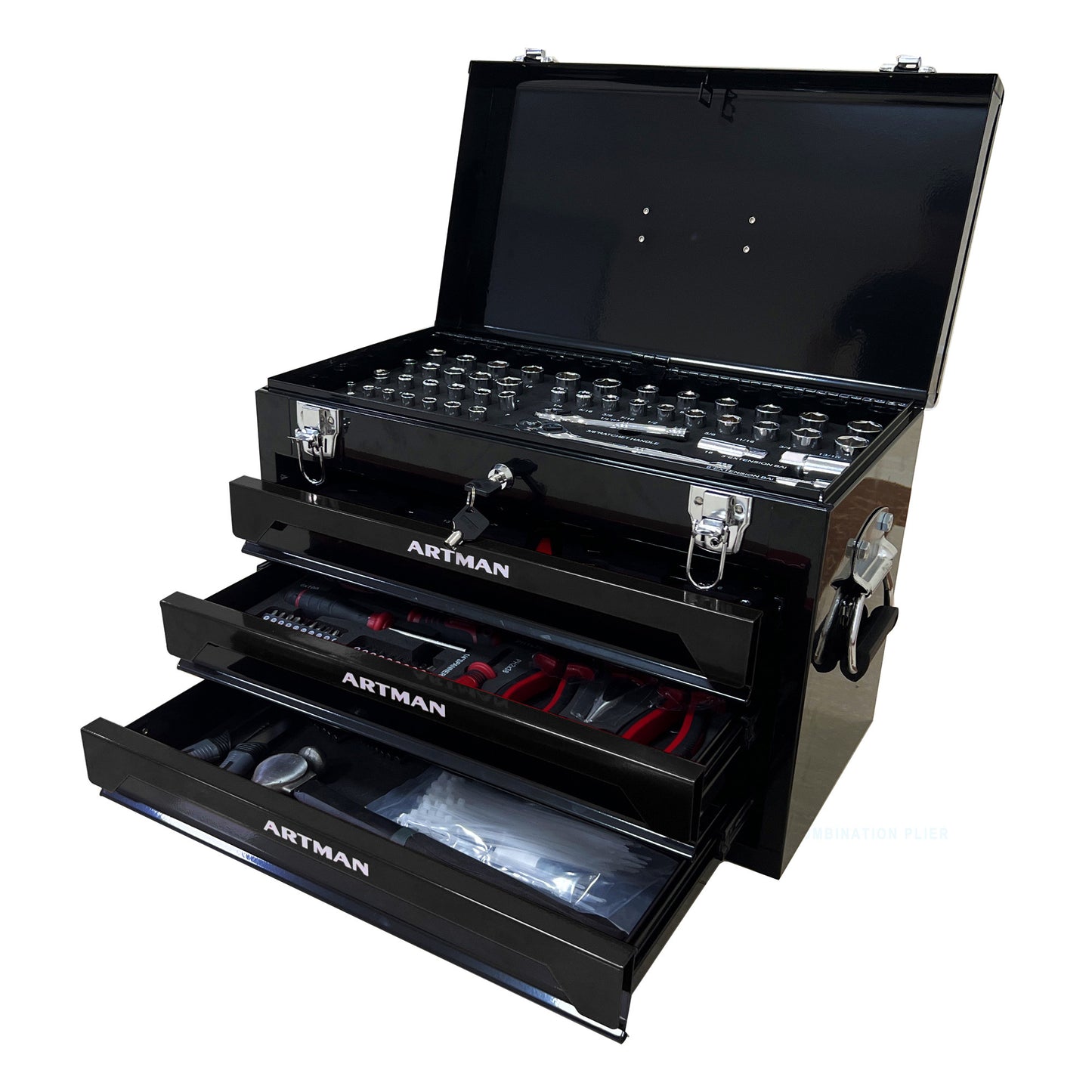 20'' Portable 3-Drawer Steel Toolbox, 4 Layers of Tools with Metal Latches, with Top Storage Tray and carrying Handle, Multi-Function Tool Storage for Garage, Home, or Workbench, Black