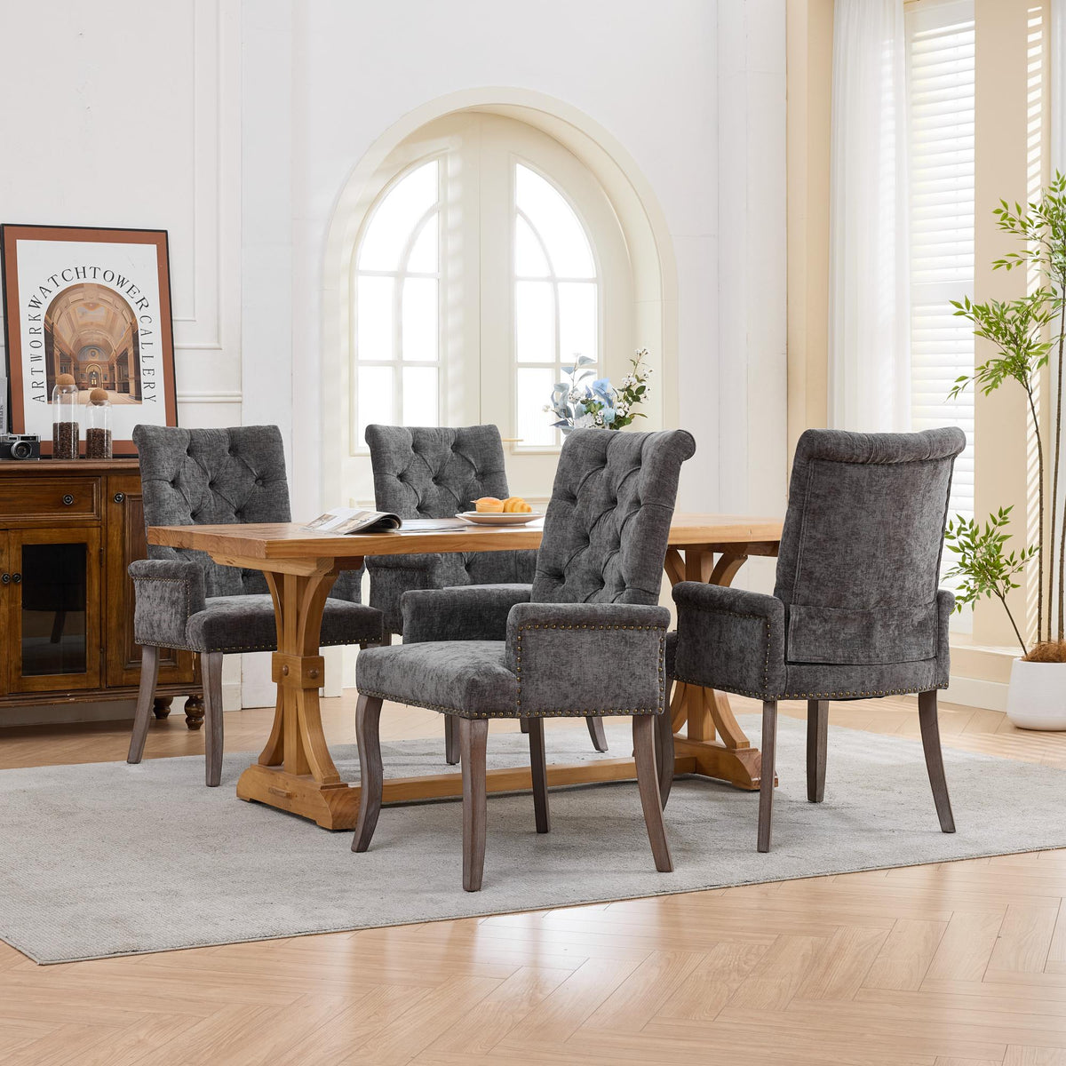 Upholstered Chenille Fabric Accent Dining Chair, Curved Solid Wood Legs, Elegant Tufted Club Dining Room Kitchen Room Arm Dining Chair – Gray