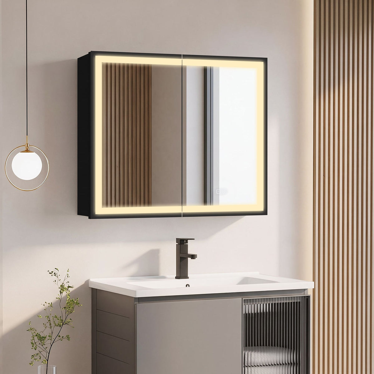 30*26 inch Black Metal Framed Wall mount LED Bathroom Medicine Cabinet with Mirror