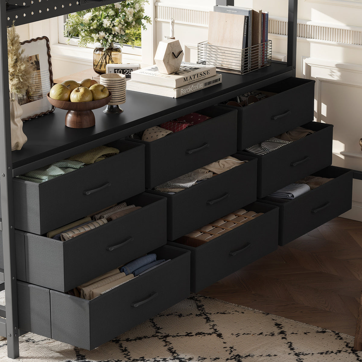 Queen Size Loft Bed with Desk, Loft Bed with Drawers, Loft Bed with Led Light and USB, Sturdy Loft bed Frame, Loft Bed with Mirror, Multi-Functional High Loft Bed for Teens Adults.Black