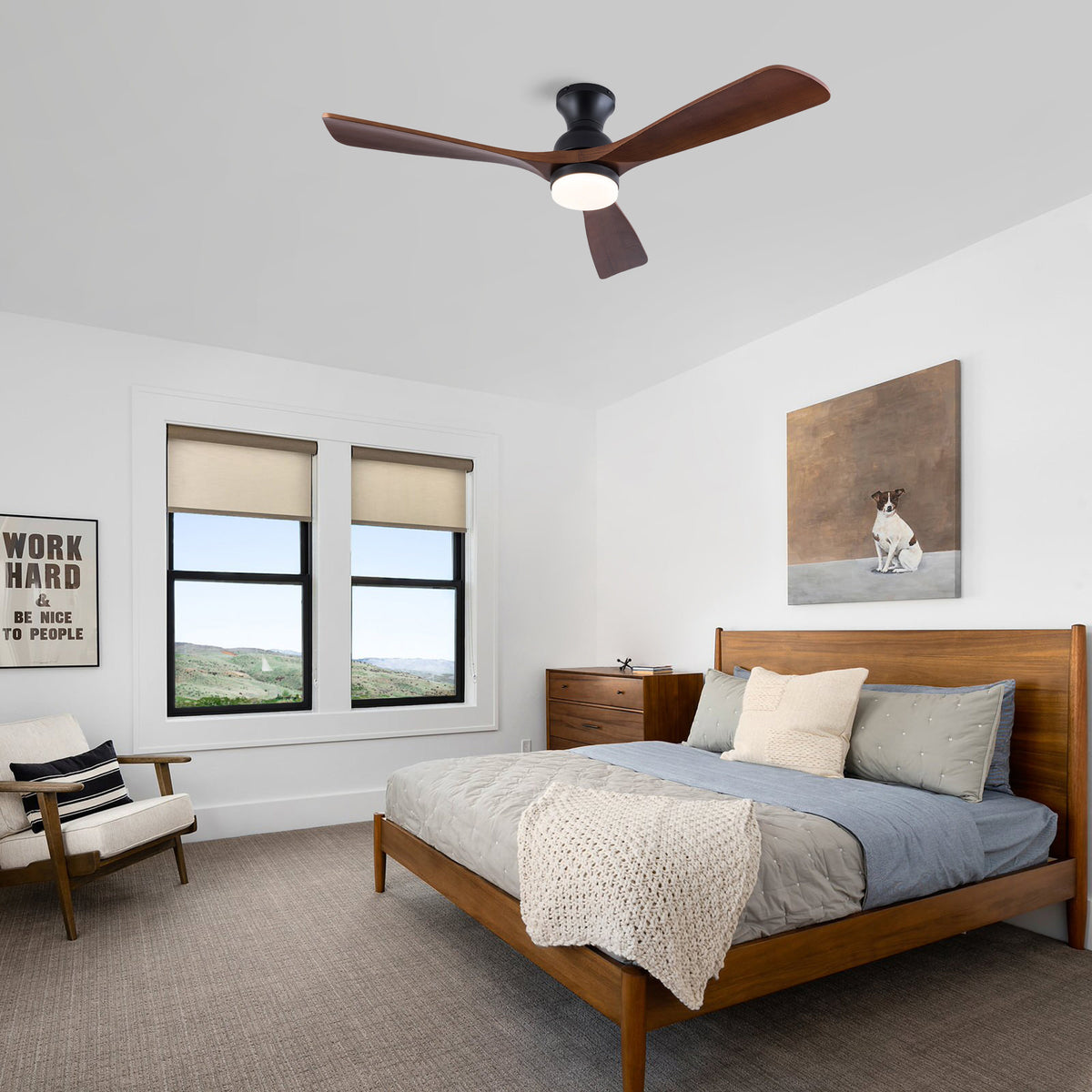 52 Inch Ceiling Fan with LED Light, 3 Solid Wood Blades, Reversible DC Motor, Remote Control, Modern Farmhouse Ceiling Fan for Bedroom Living Room Indoor