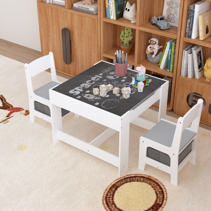 Kids Table and Chair Set, 3-in-1 Wooden Activity Table with Storage Drawer for Toddlers Drawing, Reading, Crafts, 2-in-1 Detachable Top in White+Gray MDF