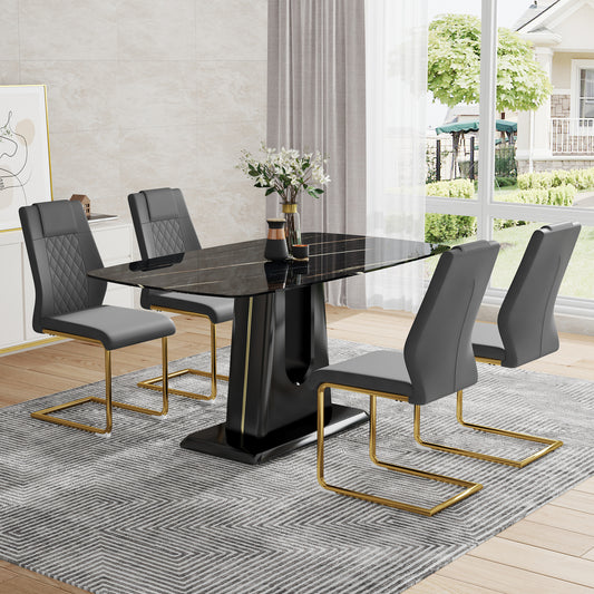 Table and chair set, minimalist dining table, imitation marble patterned glass tabletop, MDF legs with U-shaped brackets. Paired with comfortable chairs, suitable for dining and living rooms.