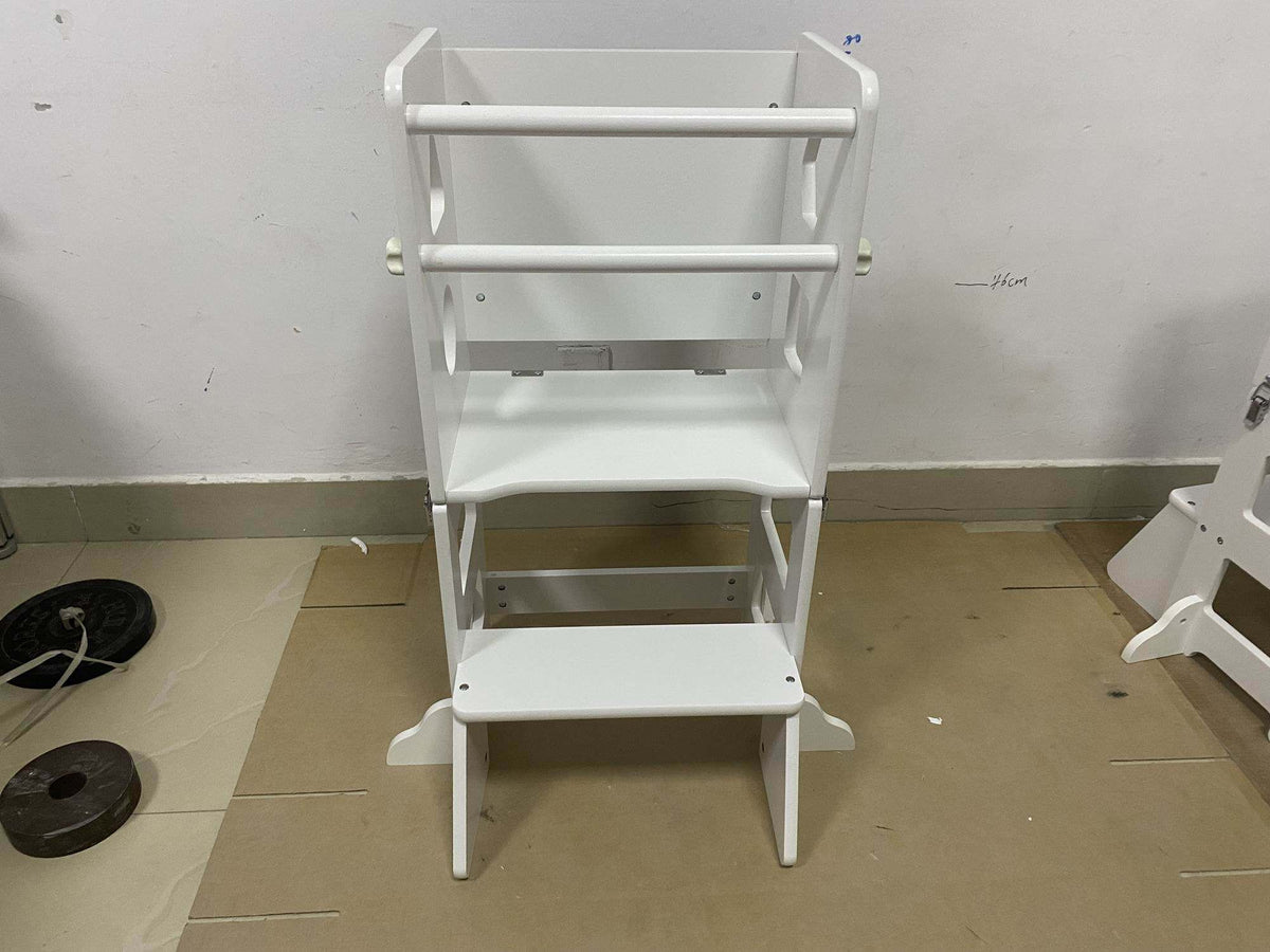 4-in-1 Toddler Kitchen Step Stool,Foldable Learning Standing Tower with Blackboard, Wooden Kitchen Stool Helper for Kids, 1-3 Year Old Boy Girl Gifts(White)