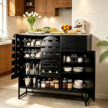 Buffet Cabinet with Storage: 44.49"Black Woven Door Accent Cabinets,with Arched Doors,with Multi layer Adjustable,with Metal Leg,woven door and drawer - for Kitchen Living Dining Room Entryway