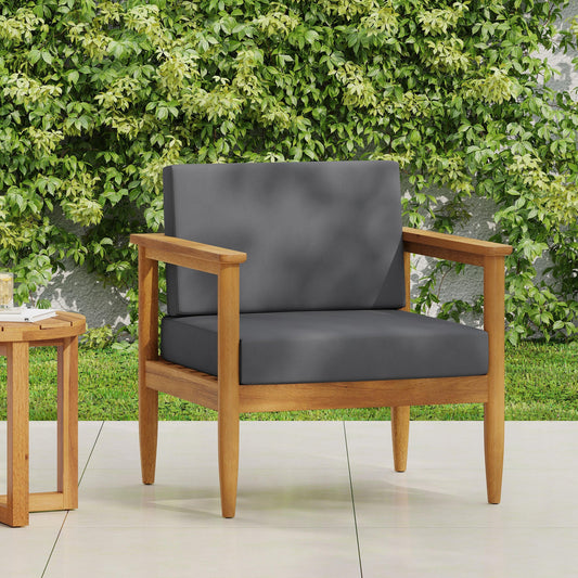 Outdoor Club Chair, Patio Chair with Teak Acacia Wood Frame and Dark Grey Cushions, Water-Resistant