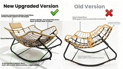 39.37"Papasan Rocking Chair Outdoor, Oversized Patio Egg Chair with Thick Cushion And Handwoven Rattan Head Pillow,Indoor Wicker Lounge Rocker Bed for Balcony, Porch, Garden, Dark Grey