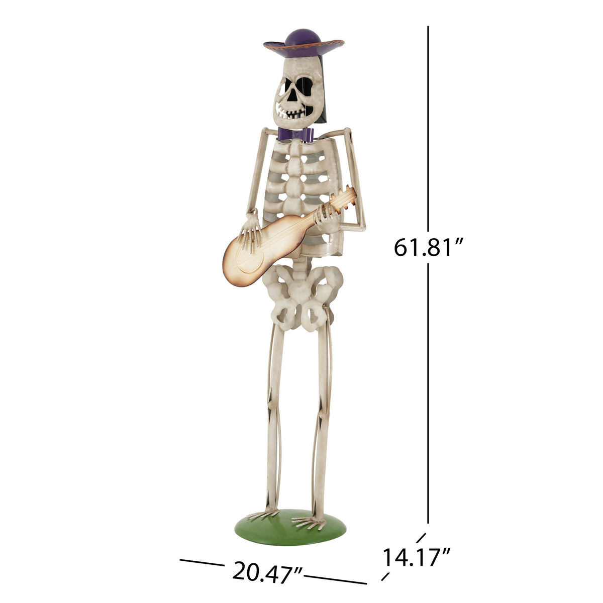 Halloween Skeleton Guitar Yard Decoration, 61.8 Inch Metal Statue with Purple Hat and Bow Tie in Ivory White for Outdoor Porch, Lawn, and Party Decor