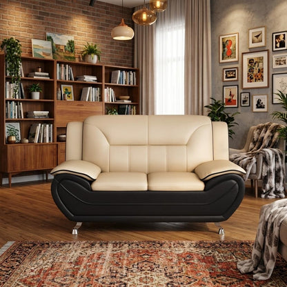 Modern Contemporary Bonded Faux Leather Living Room Sofa, Cushioned Armrest Couch with Stainless Steel Legs, Minimalist Sturdy Upholstered Furniture for Living Room Apartment,Camel & Black