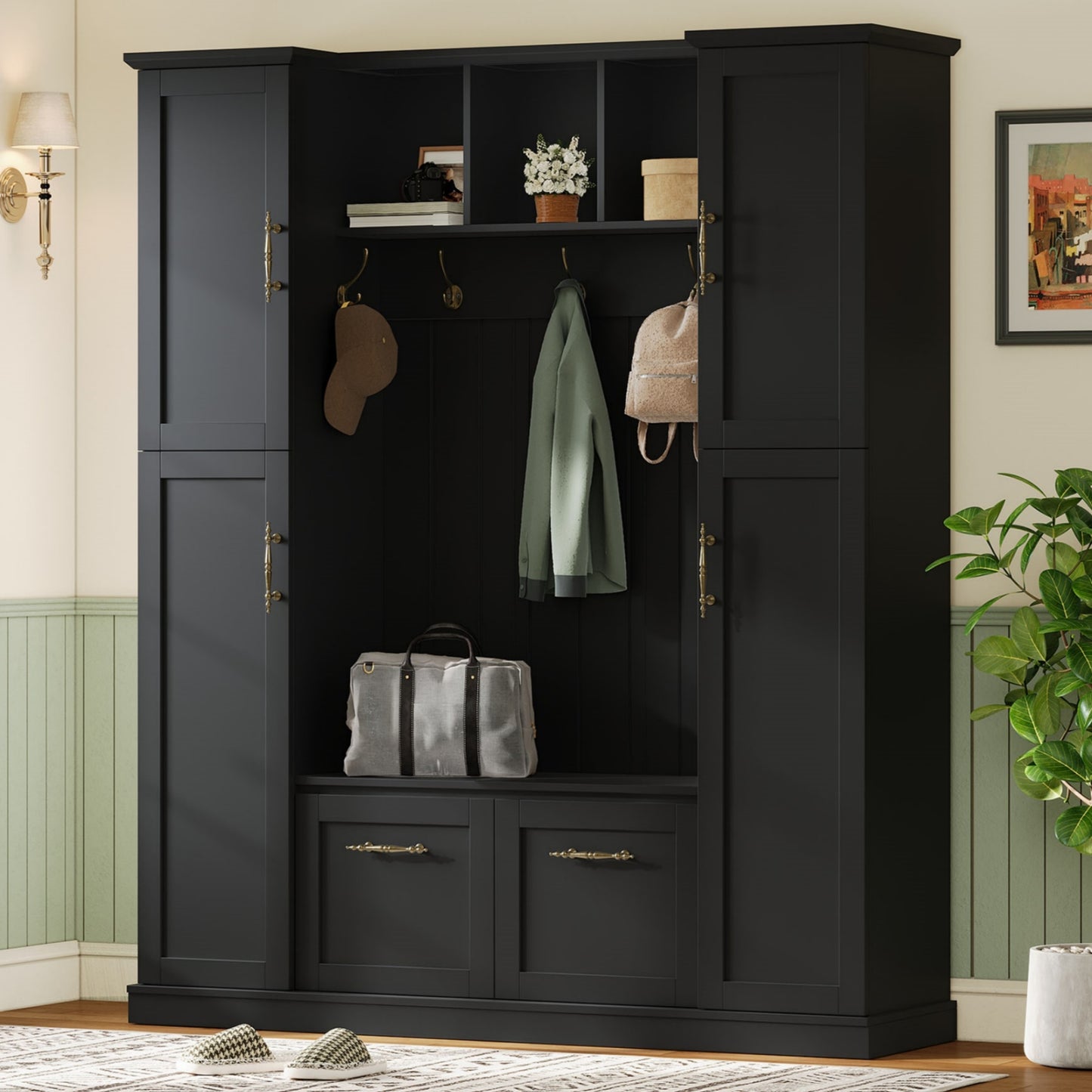 ON-TREND Farmhouse Elegant Hall Tree with 4 Side Cabinets, All-in-One Mudroom Furniture with Adjustable Shelves & Open Cubbies, Beadboard Entryway Bench with Coat Rack & 5 Hooks for Hallway, Black