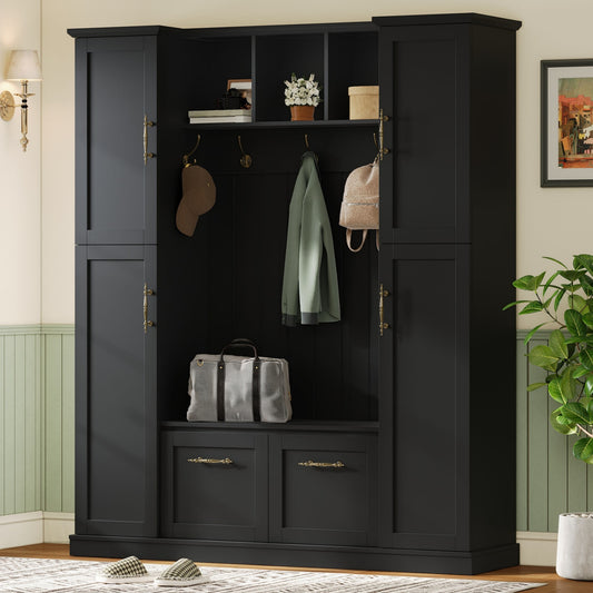 ON-TREND Farmhouse Elegant Hall Tree with 4 Side Cabinets, All-in-One Mudroom Furniture with Adjustable Shelves & Open Cubbies, Beadboard Entryway Bench with Coat Rack & 5 Hooks for Hallway, Black