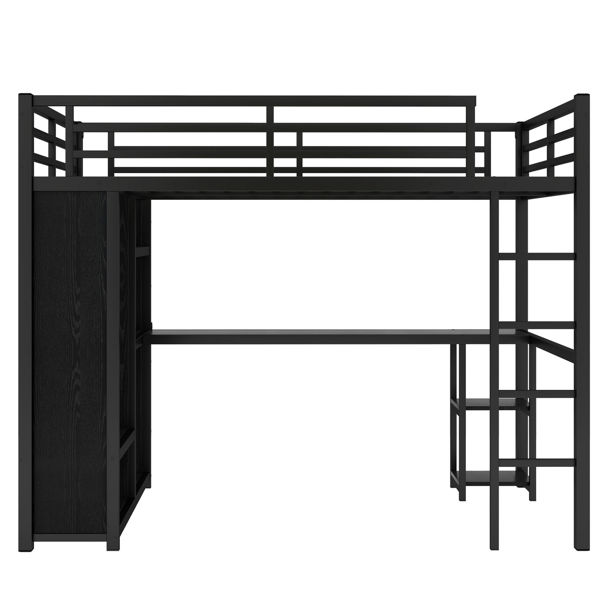 Full Size Loft Bed Frame with Built-in Wardrobe, Metal Loft Bed with Desk and Storage Shelves, Black