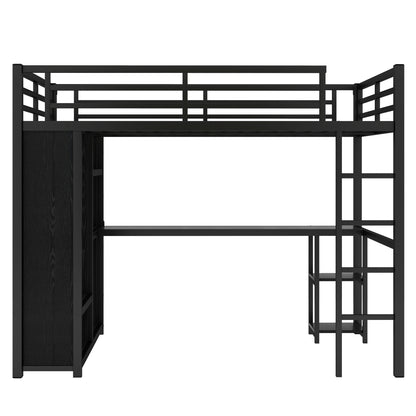 Full Size Loft Bed Frame with Built-in Wardrobe, Metal Loft Bed with Desk and Storage Shelves, Black