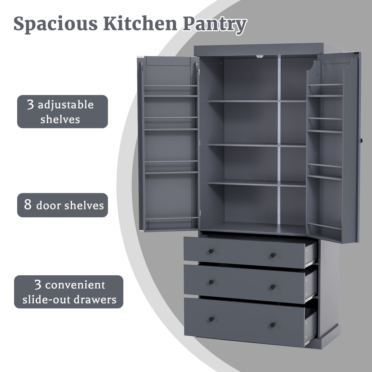 TOPMAX 77" Farmhouse Kitchen Pantry, Freestanding Tall Cupboard Storage Cabinet with 3 Adjustable Shelves, 8 Door Shelves, 3 Drawers