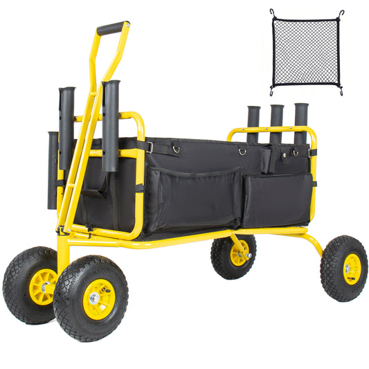 Fishing Cart Beach Cart Collapsible Wagon 9.85'' All-Terrain Wheels for Sand, Heavy Duty Garden Cart with Rod Holders,Umbrella Holder and Storage Pockets, 550lb Large Capacity, Yellow+Black