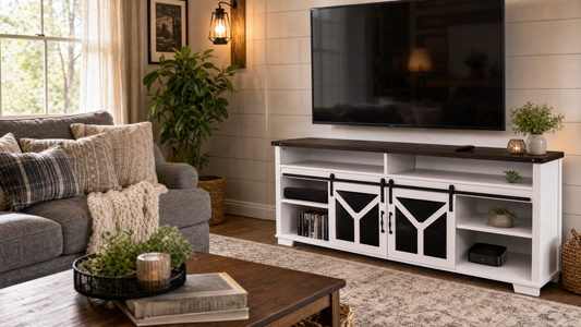65.3' TV Stand with LED light strips and Iron mesh barn door Y decorative strip white + Black walnut color (top) farmhouse