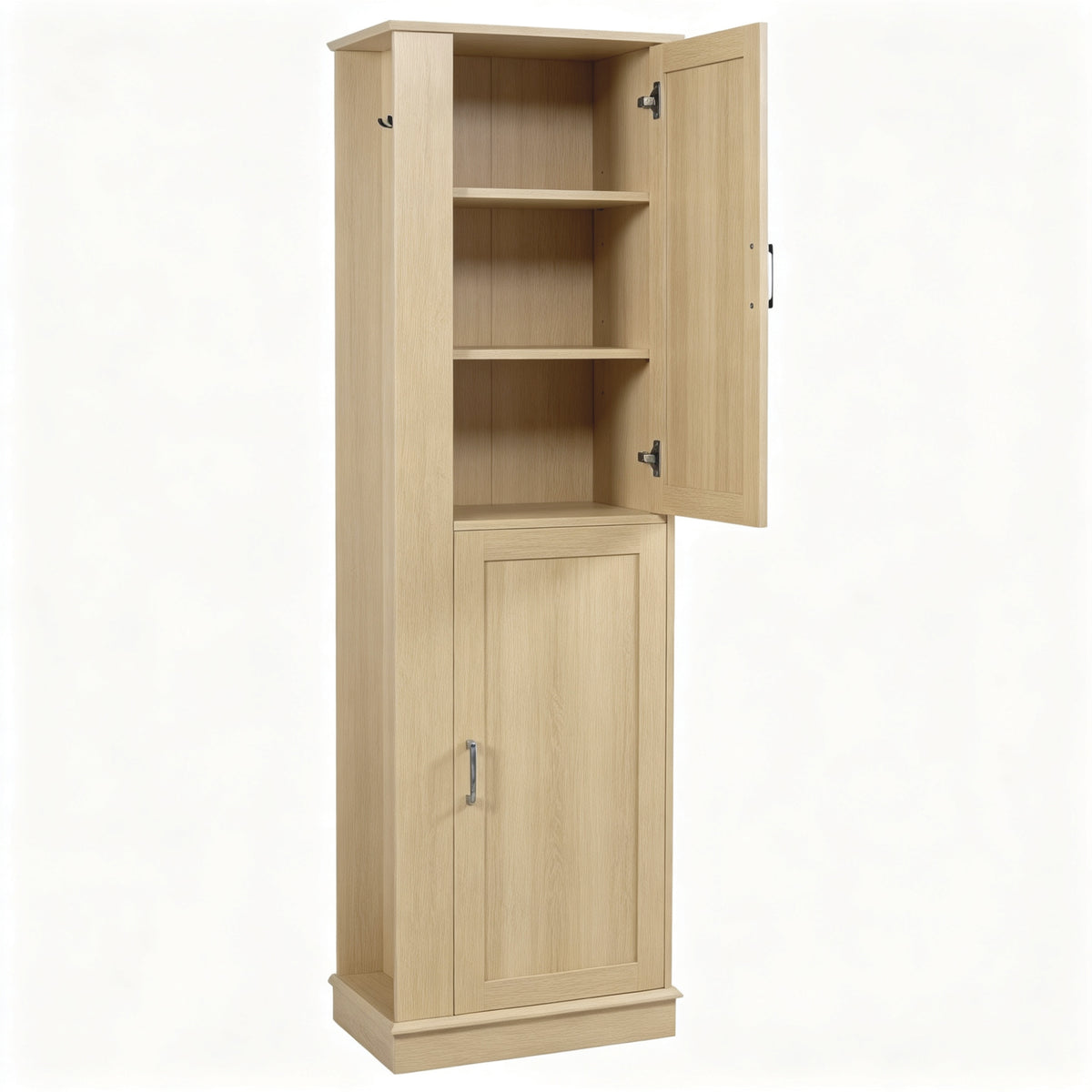 Tall Bathroom Storage Cabinet, Freestanding Storage Cabinet with Hook and Adjustable Shelf, MDF Board, Natural