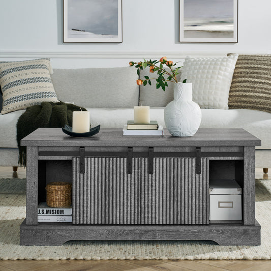 41.3 Inch Coffee Table with Storage and Sliding Wood Door, Farmhouse and Industrial Cocktail Table with Adjustable Shelves, Rectangular Rustic Living Room Table for Living Room Meeting Room