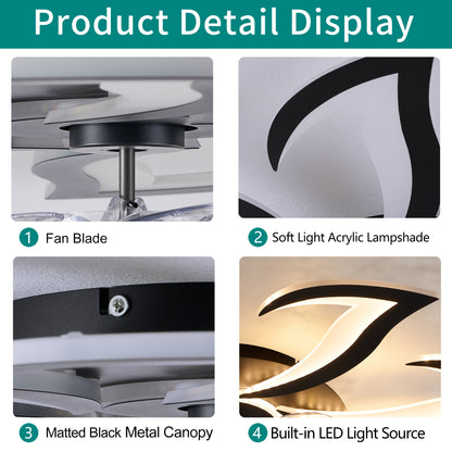 Black Flower Modern Ceiling Fan with LED Dimmable Light, 32inch Flush Mount Ceiling Fan with Remote Control for Bedroom, High-Efficiency DC Motor, 6-Speeds, Timing Function