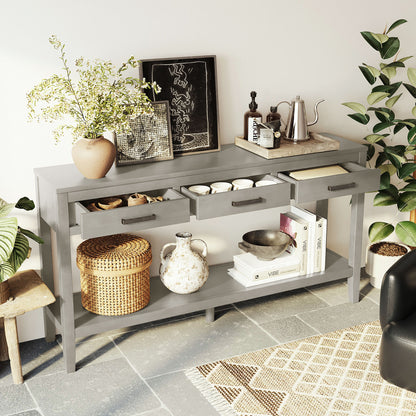U_STYLE 59.1'' Farmhouse Entryway Table with 3 Drawers, Painted Console Table with Bottom Shelf & Iron Handles, Minimalist Sofa Table for Living Room, Hallway, Kitchen, Bedroom, Office